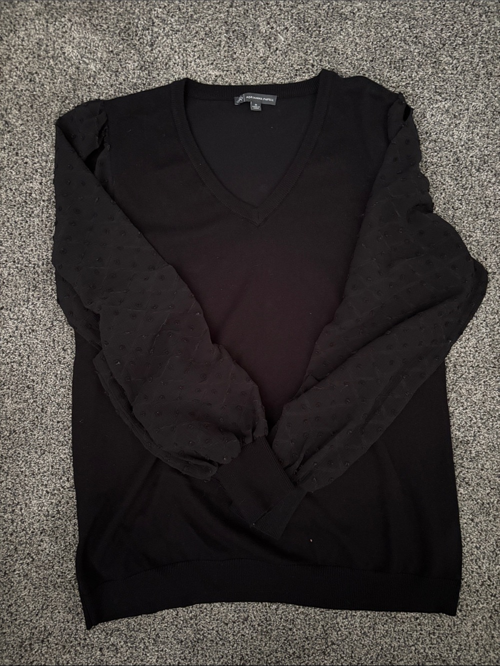 Adrianna Papell Black V-Neck Sweater with Textured Puff Sleeves